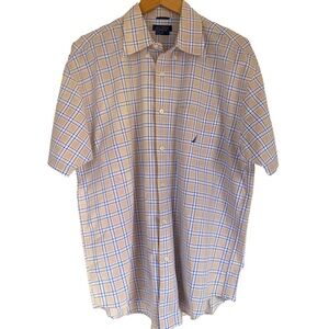 Nautica men’s XL tan with blue stripes short sleeve collared button down shirt